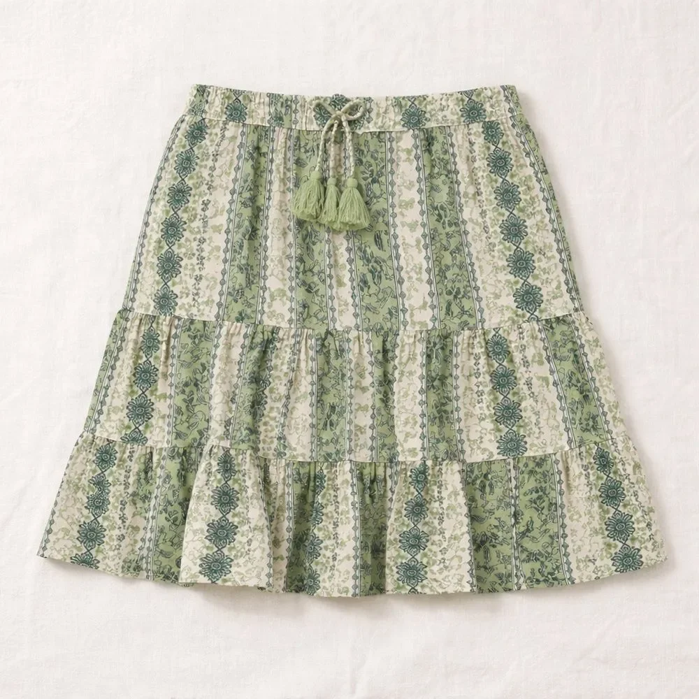 J. Jill Green Tiered Boho Mini Skirt Small Tassel Drawstring Boho Cottagecore